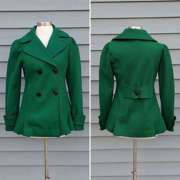 Vintage y2k Steve Madden Kelly Green Pleated Riding Jacket Peacoat Pea Coat Sm - Picture 1 of 7